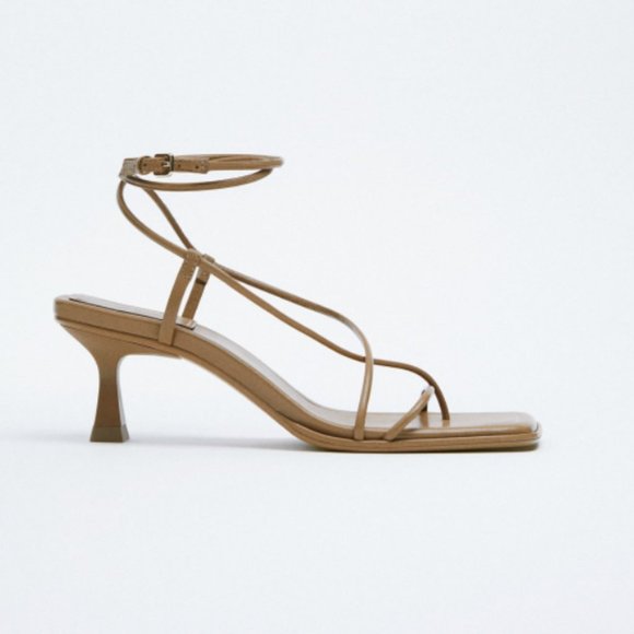 ZARA 100% LEATHER TAN SANDAL HEELS WITH THIN STRAPS $89.90